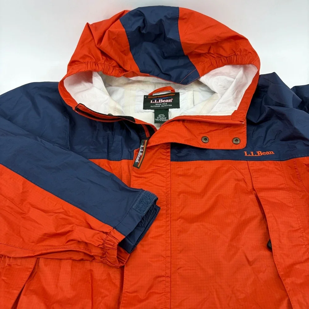 LL Bean Kids XL 18 Rain Jacket Hooded Shell Orange Navy Blue Colorblock